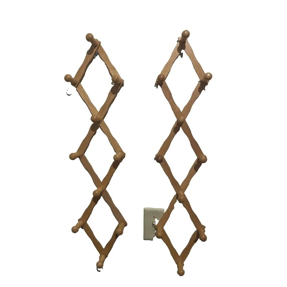 Wood Expandable Wall Mounted 80's Coat & Hat Rack 10 Hooks vTG Retro Lot Of 2
